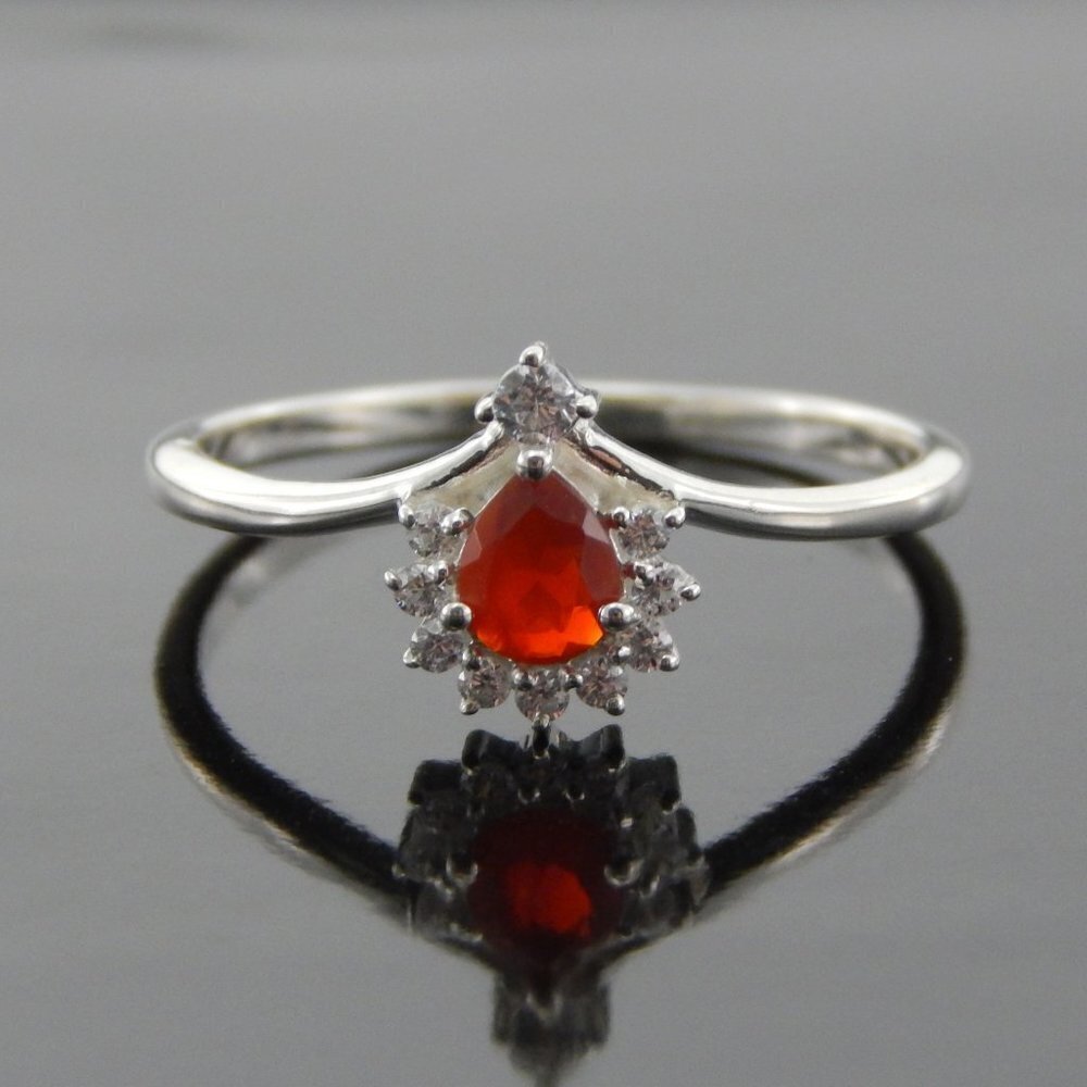 Genuine Mexican Fire Opal Pear Cut Ring in 925 Silver